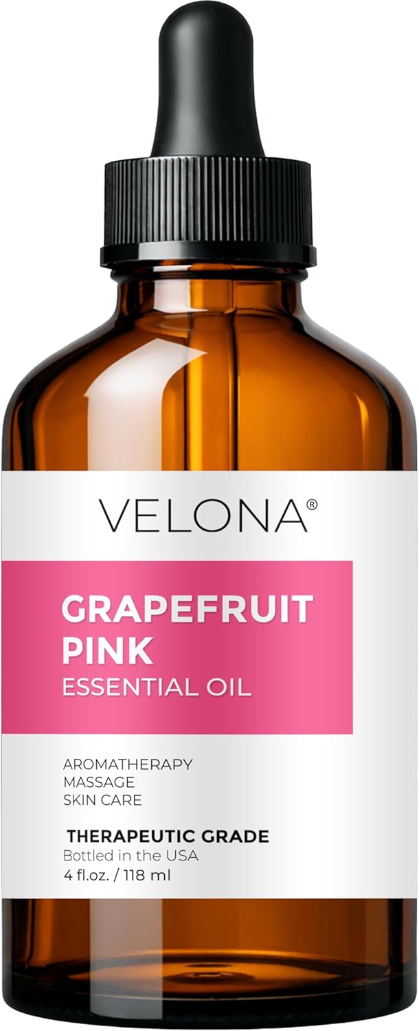 Grapefruit Pink Essential Oil by Velona - 4 Fl Oz | Therapeutic Grade | for Aromatherapy Diffuser, Massage, Skincare, Haircare, Soapmaking | Undiluted in Glass Bottle