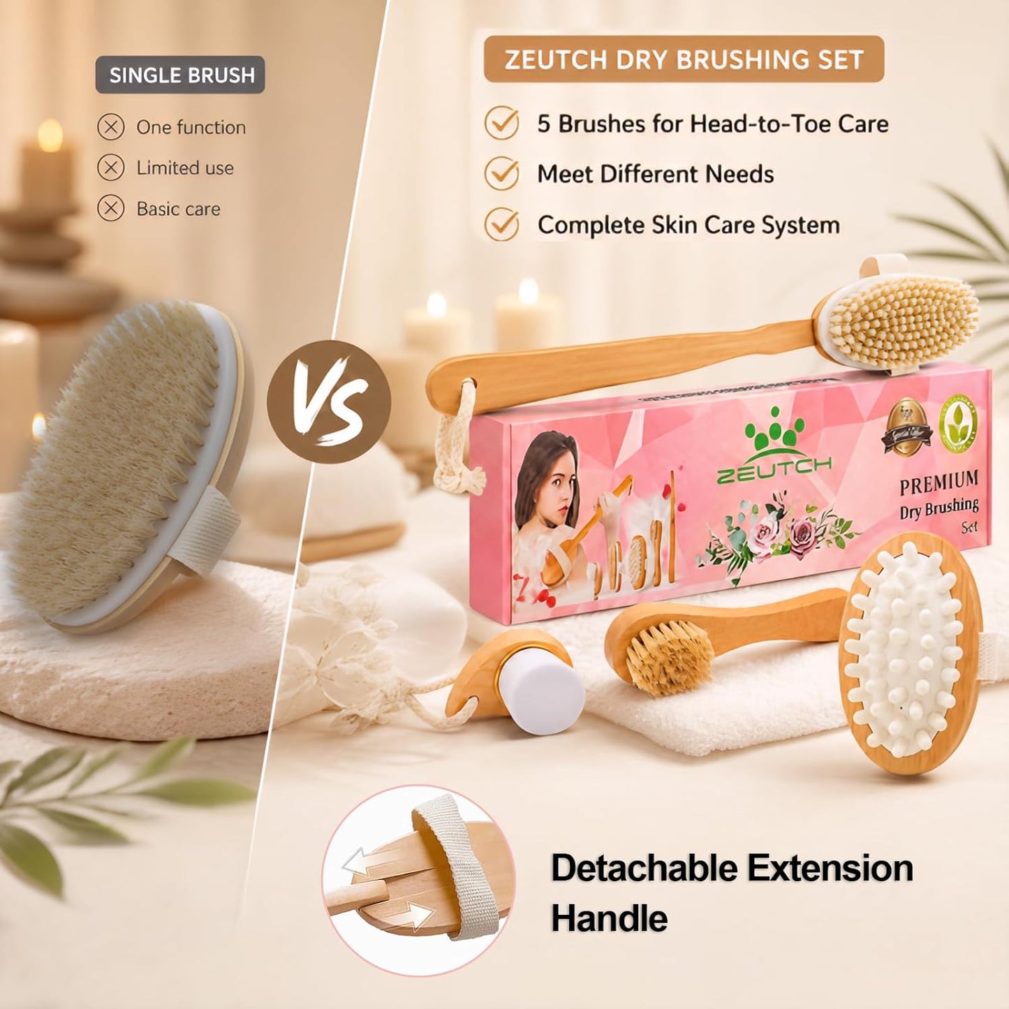 Zeutch Premium Dry Brushing Body Brush Set for Lymphatic Drainage and Cellulite Treatment, Boar Bristle Long Handle Face Cleansing Brush for A Glowing Skin, 5 Pack