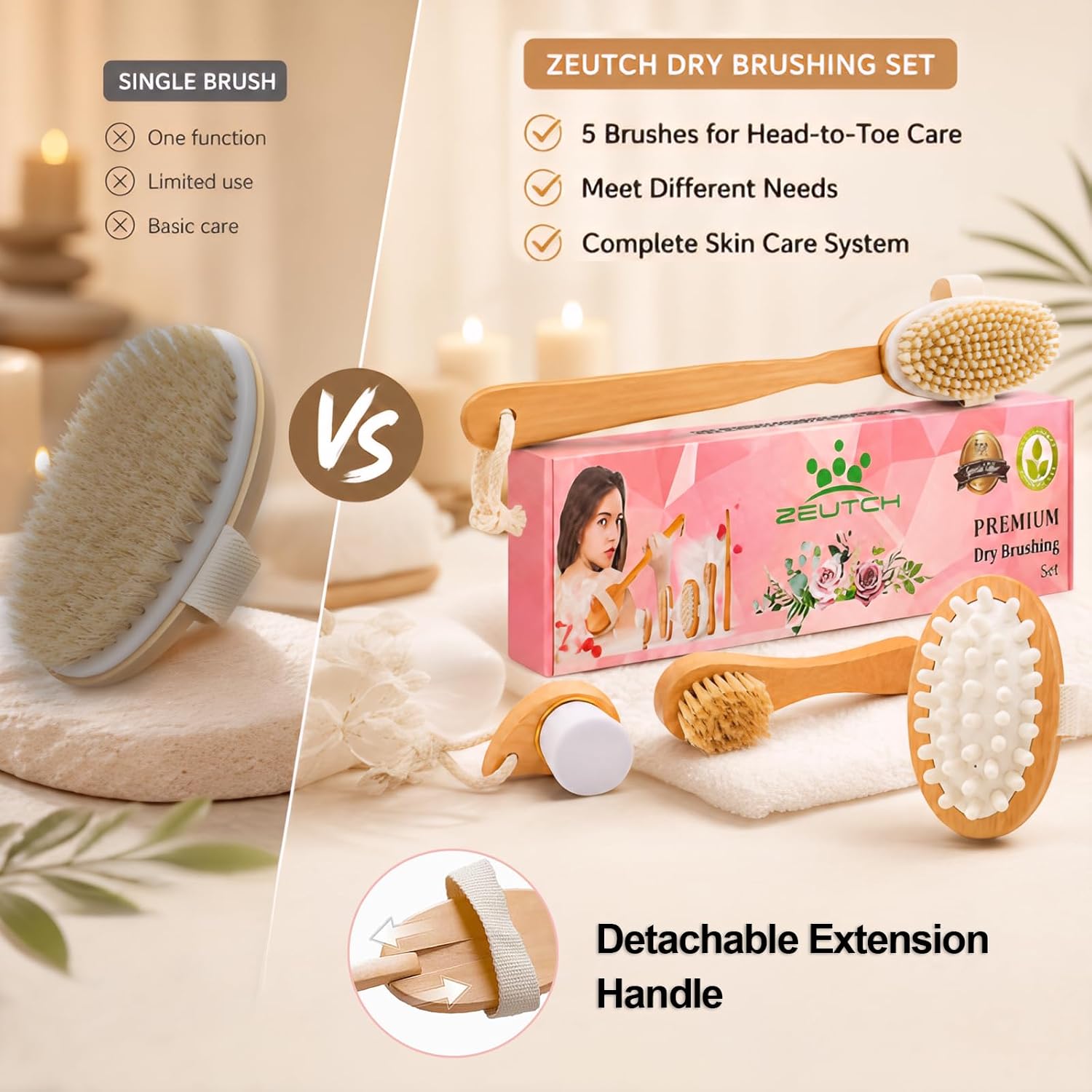 Zeutch Premium Dry Brushing Body Brush Set for Lymphatic Drainage and Cellulite Treatment, Boar Bristle Long Handle Face Cleansing Brush for A Glowing Skin, 5 Pack