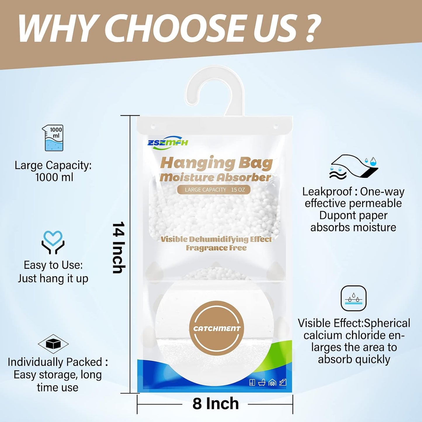 ZSZMFH 12 Pack Moisture Absorber Hanging Bags, Fragrance Free Humidity Packs, 15 OZ Dehumidifier Bags Effectively Trap Extra Moisture,Hanging Closet Dehumidifier Bags-425g/pack