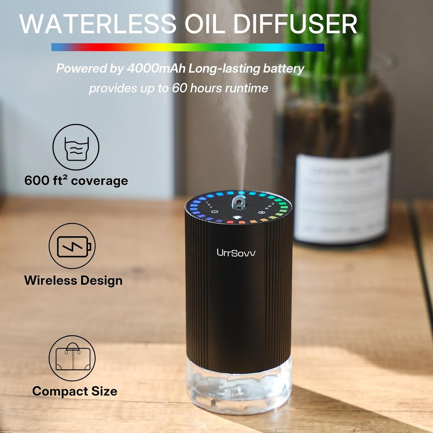 Waterless Car Diffuser for Essential Oils Wireless Battery Operated Car Diffuser Portable Cordless 60ML Air Freshener Diffuser 3 Timers & 3 Mist Levels for Car Home Bedroom Travelling (Gold)