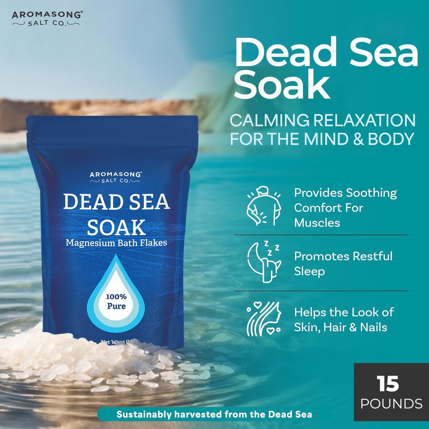 Aromasong Magnesium Flakes, 15lb – Dead Sea Bath & Foot Soak – Superior Alternative to Epsom Salt with 27,360 Mg of Magnesium Per Bath, Bulk Pack