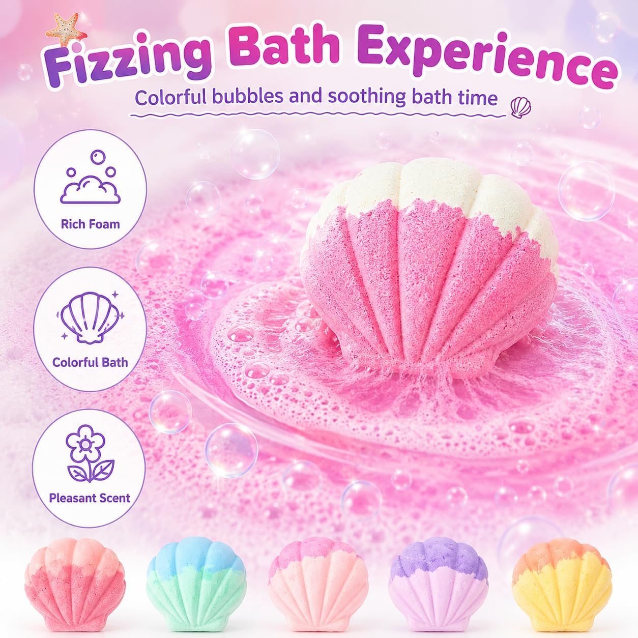Shell Bath Bombs for Kids Girls with Surprise Inside, 6 PCS Bath Bombs Gift Set with Toys, Colorful Fizzy Bath Bomb for Girls Ages 3+, Kids Bath Bombs for Toddler Girl Christmas Birthday Gifts