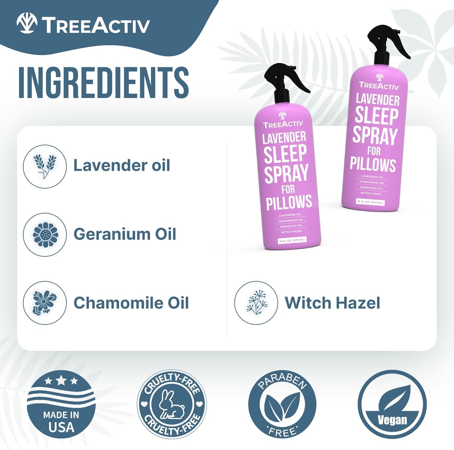TreeActiv Sleep Spray Calming Lavender Chamomile, Soothing Witch Hazel & Lavender Pillow Spray Air Freshener for Room, Bed, Fabric, Pillows & Linen Mist for Sleeping & Relaxation, 4000+ Sprays, 16 Oz