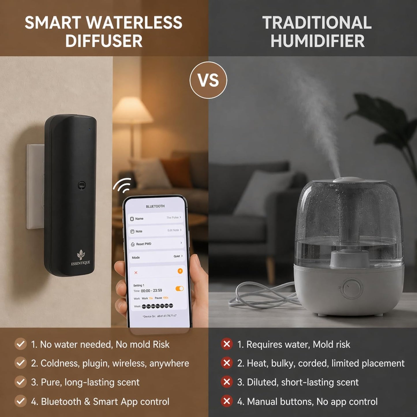 The Pulse Plug-in Waterless Diffuser – Cold Air Nebulizing Scent Machine for Home, Hotel, Office & Spa – w/Bluetooth for Essential Oil Blends (Black)