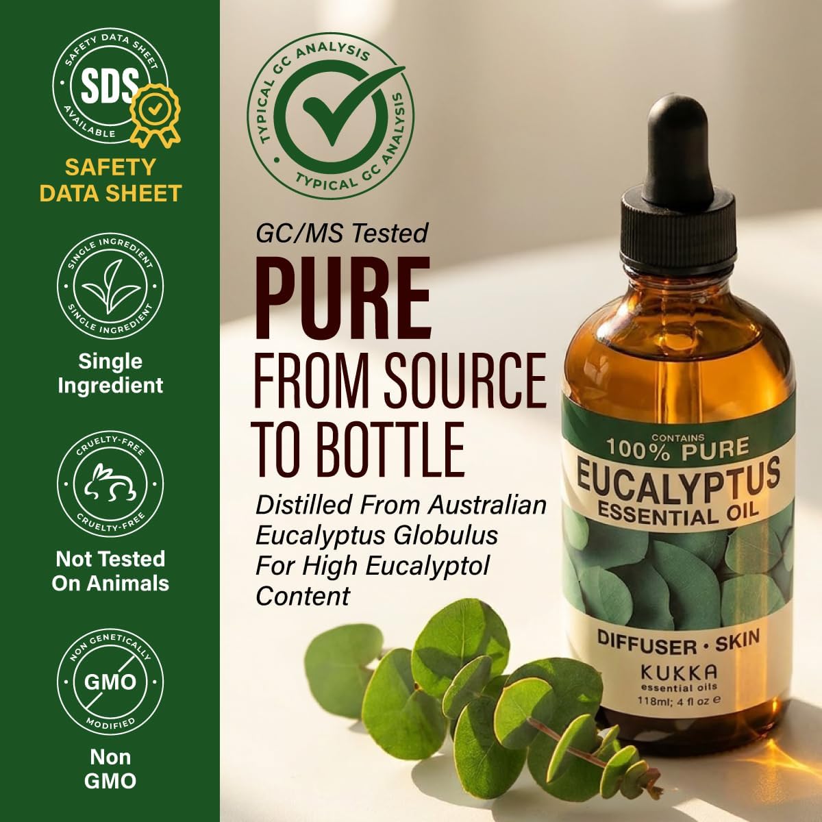 100% Pure Eucalyptus Oil - 4 Fl Oz Eucalyptus Essential Oil for Hair, Skin, Diffuser, Aromatherapy & DIY Soap Making Scent