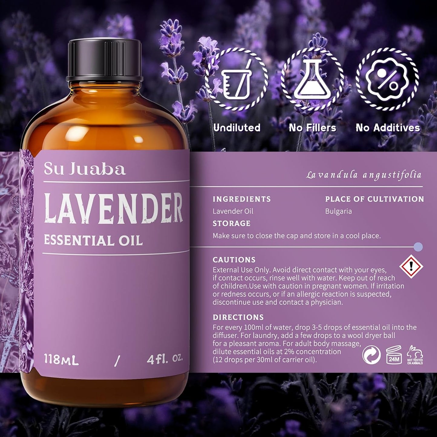 SU JUABA Lavender Essential Oil 4 Fl Oz, 100% Pure Natural Aromatherapy Oil for Diffuser, Skin Care, Relaxation, Sleep, Wool Dryer Balls - 118ML