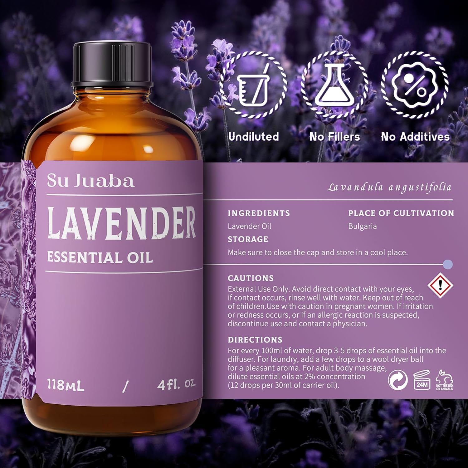 SU JUABA Lavender Essential Oil 4 Fl Oz, 100% Pure Natural Aromatherapy Oil for Diffuser, Skin Care, Relaxation, Sleep, Wool Dryer Balls - 118ML