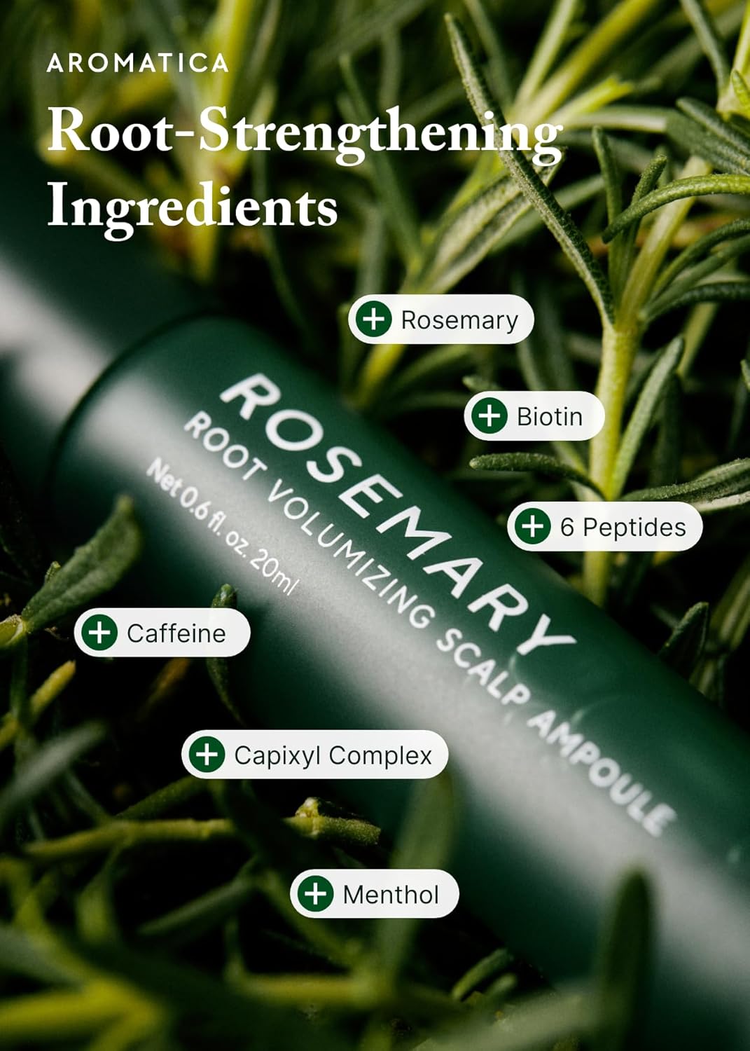 AROMATICA Rosemary Root Volumizing Scalp Serum, Korean Hair Growth Serum Roll on, Caffeine 10,000ppm & Rosemary Essential oils 1,400 ppm, Cooling Scalp care, Silicon/Paraben/Sulfate‑Free (0.67oz)