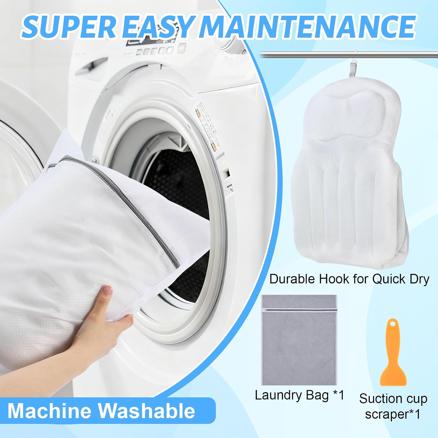 Full Body Bath Pillow for Bathtub, Thick Bathtub Cushion for Soaking Tub with Suction Cups Ergonomic Luxury 3D Mesh Spa Bath Mat with Laundry Bag and Scraper for Neck and Back, 51"x15", White