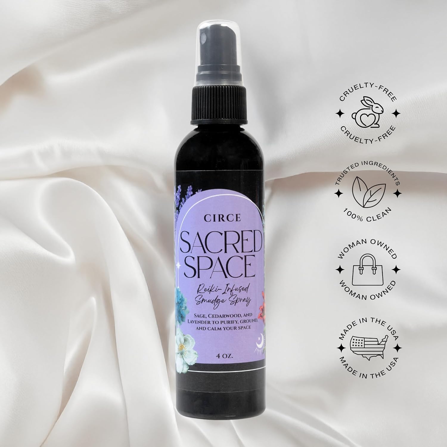 Circe Sacred Space Smudge Spray – 100% Natural Smoke Free Alternative to Clear Negative Energy, Restore Peace & Balance -Sage, Cedarwood & Lavender Blend - Soothing, Grounding, Self Care, Gift - 4oz