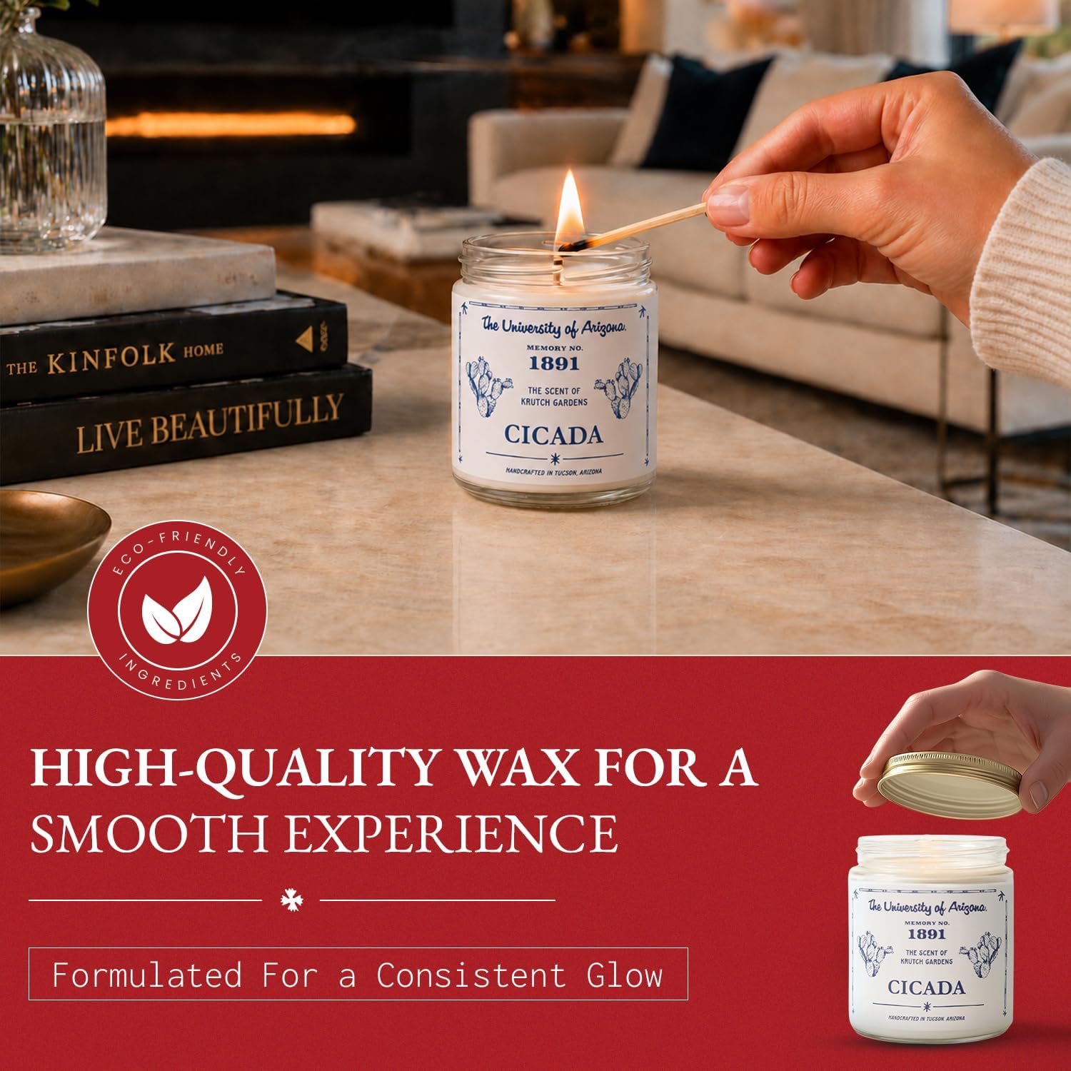 CICADA Succulent Garden Scented Candle Memory No.1891, University of Arizona Inspired Coconut-Soy Blend Wax, Cotton Wick, Cactus Sap Garden Greens Desert Soil Aroma, Hand-Poured Arizona Home Fragrance