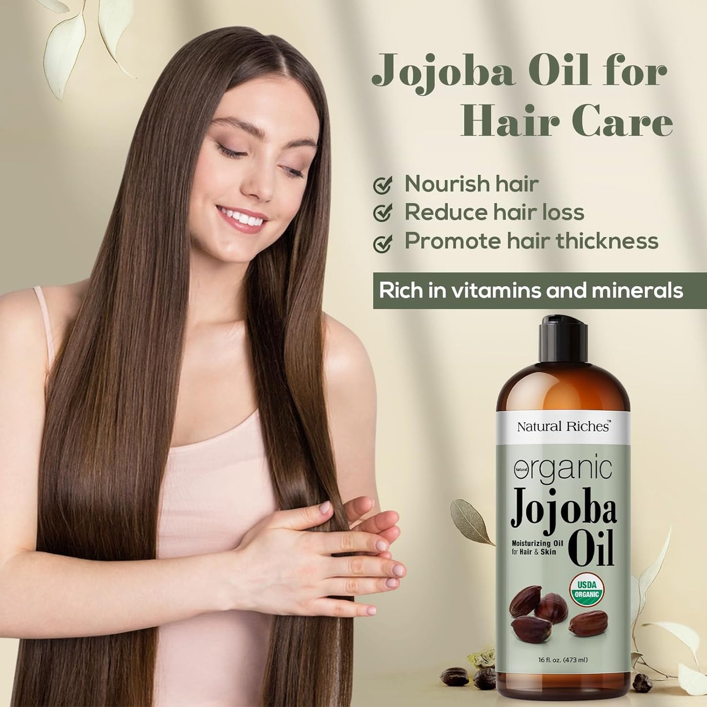 Natural Riches Organic Jojoba Oil, Pure (16 oz) | Moisturizing Oil for Face, Hair, Skin & Nails Cold Pressed Hexane Free Base Carrier oil.