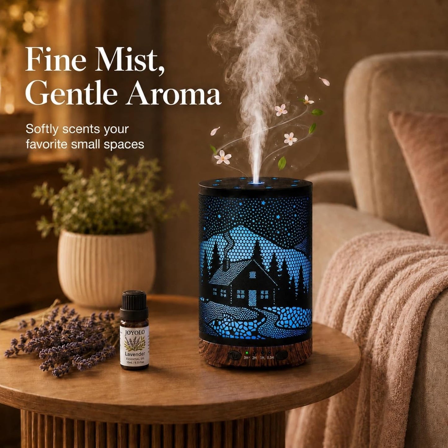 Essential Oil Diffuser, 120 ml Aromatherapy Diffuser with 7 Color Lights, Auto Shut-Off and 4 Timer Settings, Ultrasonic Cool Mist Diffuser for Home Room Office (Winter Cabin)
