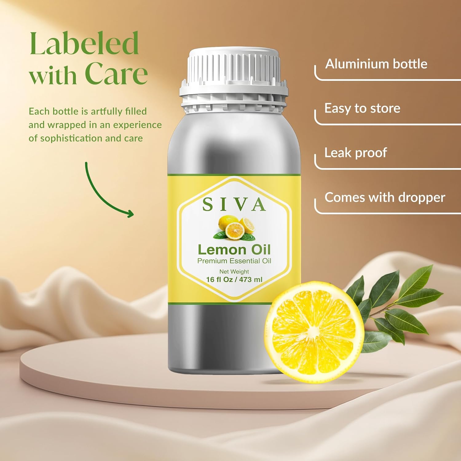 Siva Lemon Essential Oil - 16 Fl Oz – 100% Natural Lemon Oil - for Diffuser, Face, Skin Care, Aromatherapy, Hair Care, Scalp and Body Massage