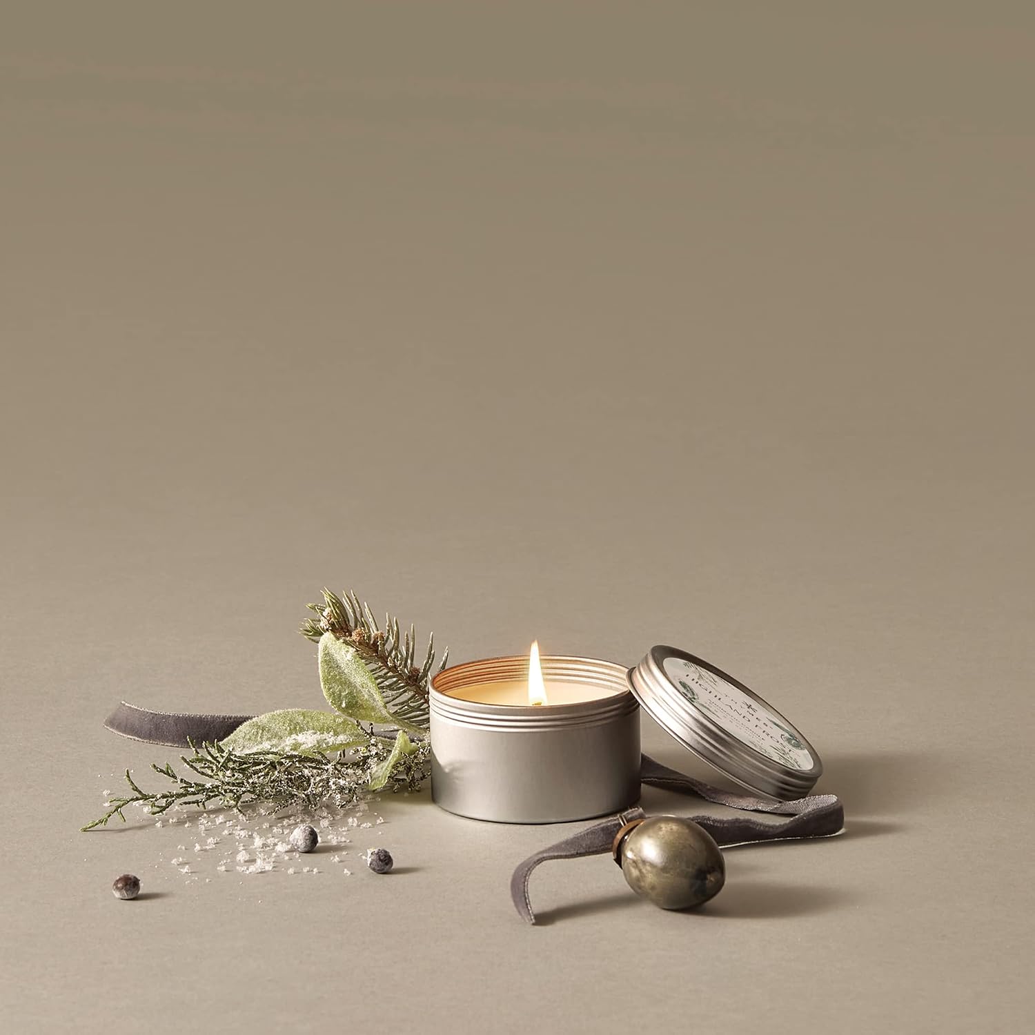 Thymes Travel Tin Holiday Candles - Scented Candles for Home Decor - Winter Scents - Luxury Home Fragrance Gifts for Women & Men - Silver (Highland Frost, 2.5 oz)