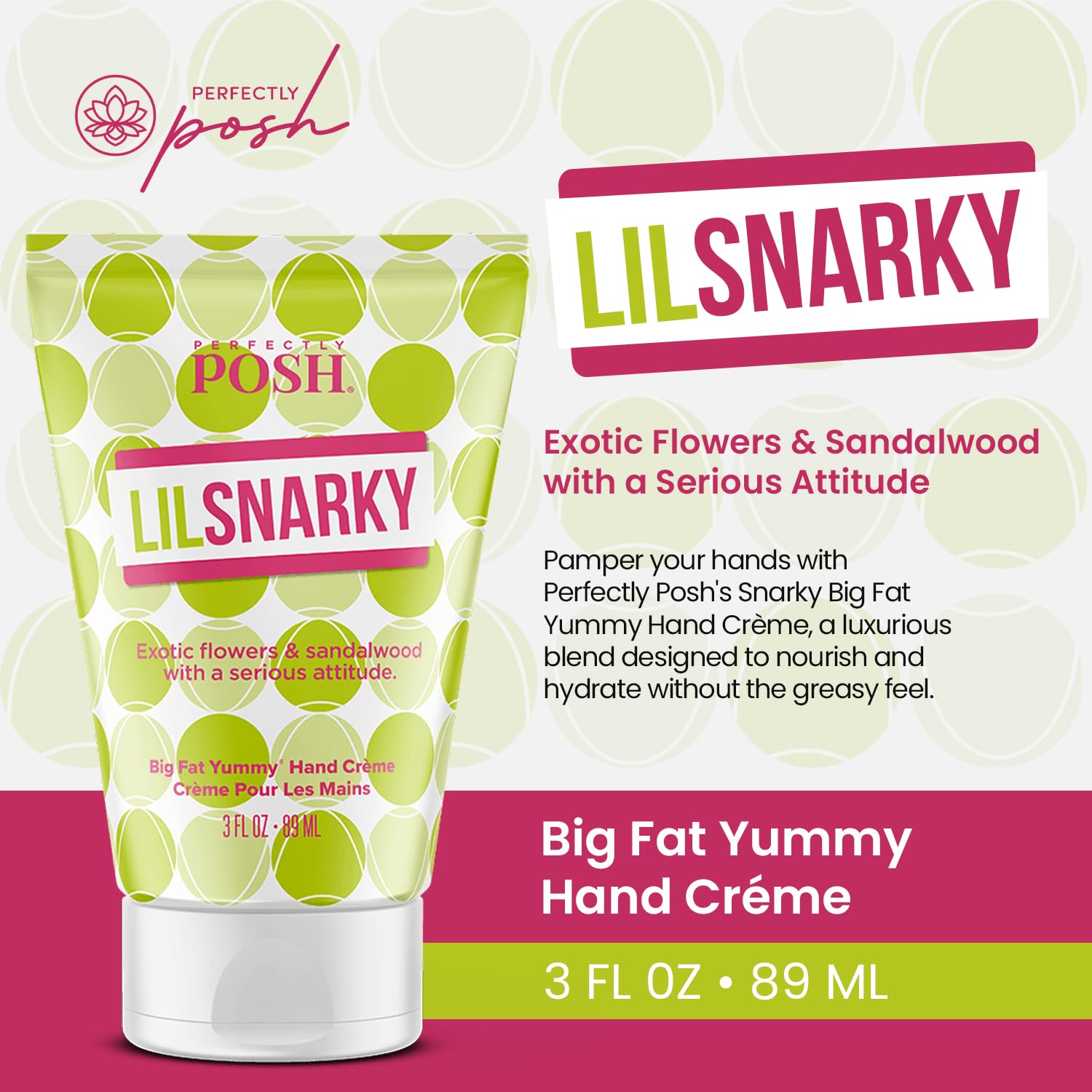 Perfectly Posh - Snarky Big Fat Yummy Hand Crème - Non-Greasy Moisturizing Hand Cream with Apricot Oil, Coconut Oil and Glycerin - 89ml