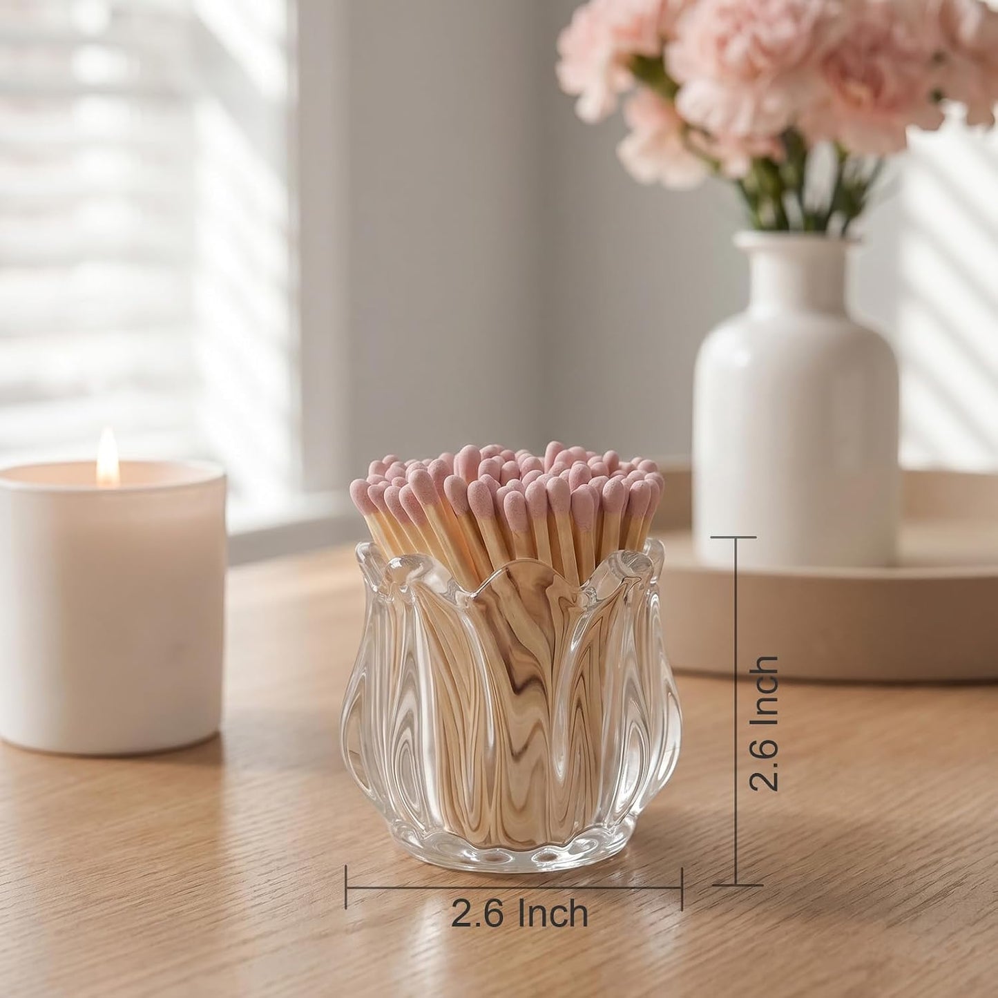 Match Holder with Striker x 4 Cute Glass Match Box Lily Flower Shape Match Jar for Candles Fireplace Kitchen Home Bathroom Decor - Matches Not Included