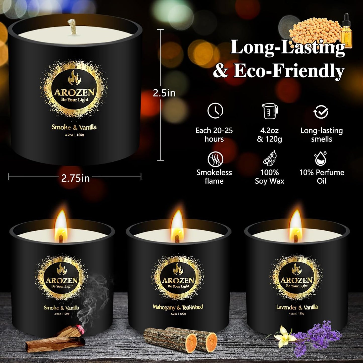 3 Pack Candles for Home Scented, Scented Candles Gifts Set for Men, Aromatherapy Soy Candle of Lavender, Mahogany Teakwood & Smoke Vanilla, Gifts for Men Fathers Day Valentine's Day Present