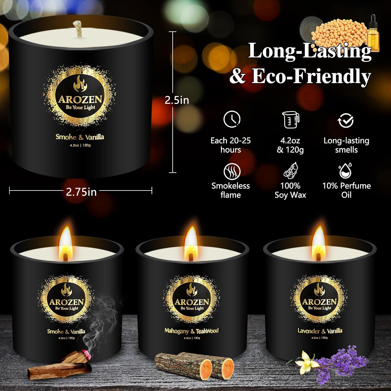 3 Pack Candles for Home Scented, Scented Candles Gifts Set for Men, Aromatherapy Soy Candle of Lavender, Mahogany Teakwood & Smoke Vanilla, Gifts for Men Fathers Day Valentine's Day Present