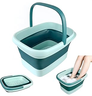 GIMWA Collapsible Foot Bath Basin for Soaking Feet, Foldable Foot Soak Tub with Handles and Massage Acupoint, Plastic Laundry Basket, Grey (Green)