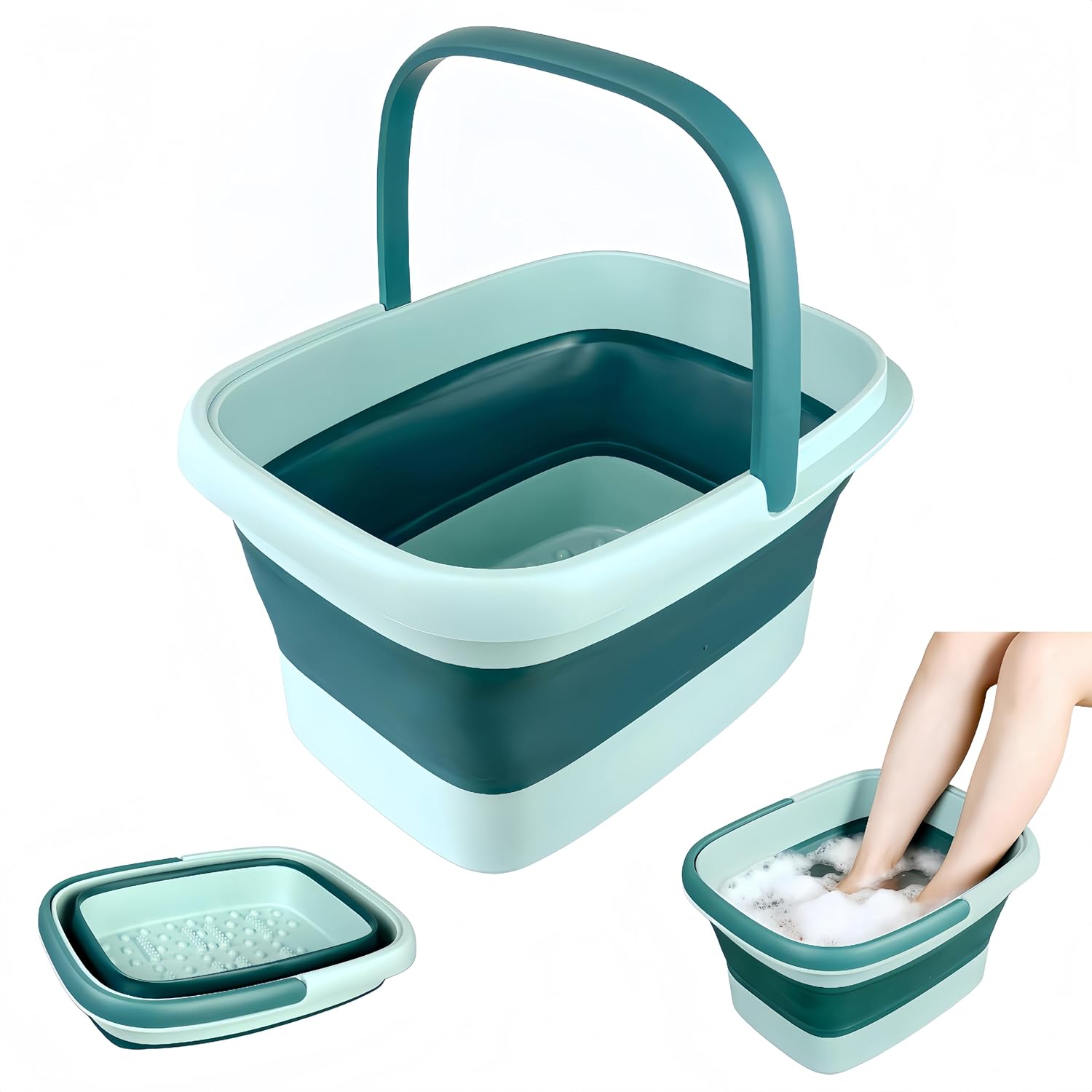 GIMWA Collapsible Foot Bath Basin for Soaking Feet, Foldable Foot Soak Tub with Handles and Massage Acupoint, Plastic Laundry Basket, Grey (Green)