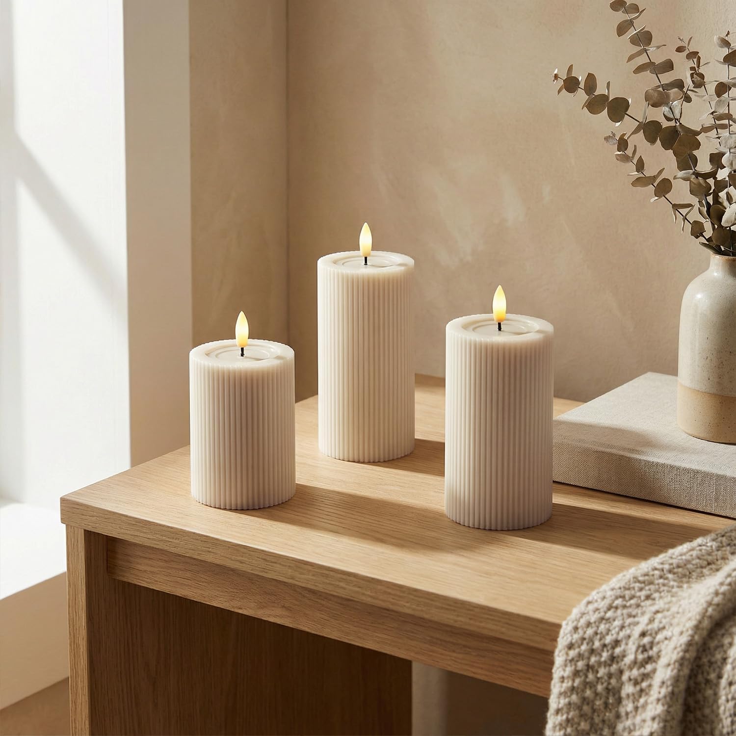 Fluted Ribbed LED Pillar Candles, Cream Beige, with Realistic Reflective Melted-Wax Effect – Flickering Flame, Remote, Dimmable, Flameless, Battery Operated, Home & Wedding Decor (Set of 3)