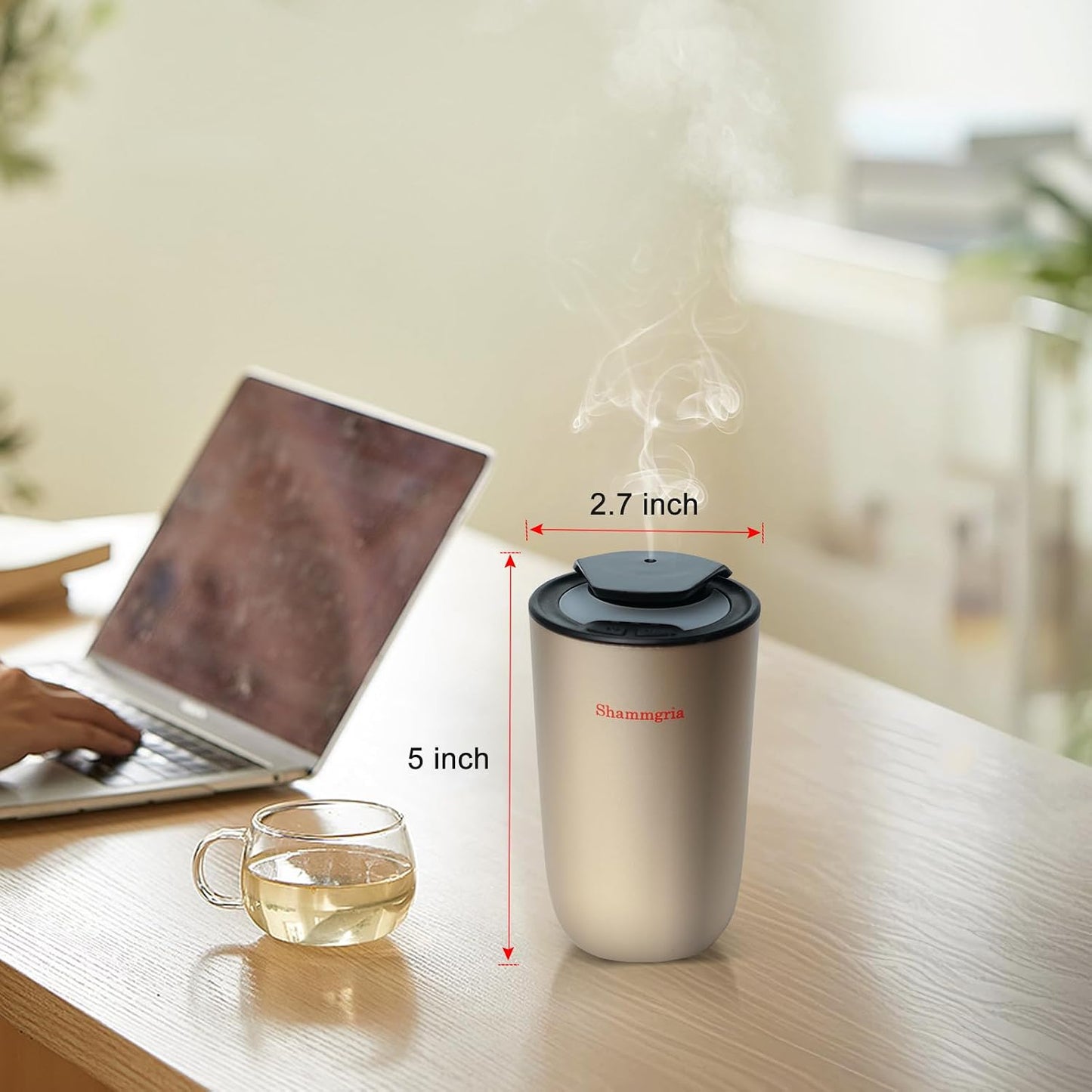 Car Air Diffuser Essential Oil Aromatherapy Scent Diffuser with 3 Mist Levels & LED Lights for Car, Room, Studio, Office- Champagne