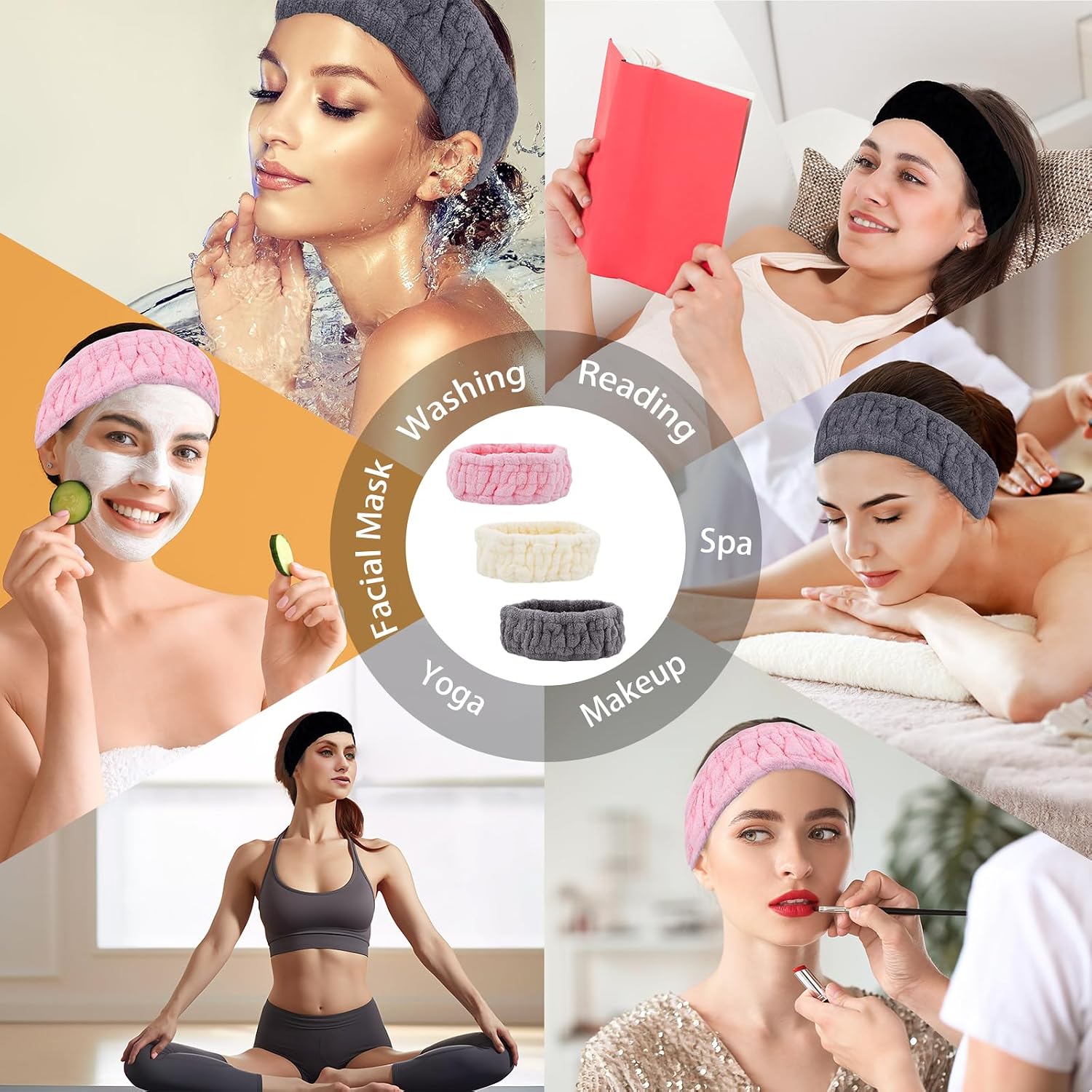 Microfiber Spa Headband 3-Pack, Soft Terry Cloth Headband for Washing Face, Facial Mask, Makeup, Shower, Yoga, Gift for Women and Teens (Gray+Milk White+Pink)