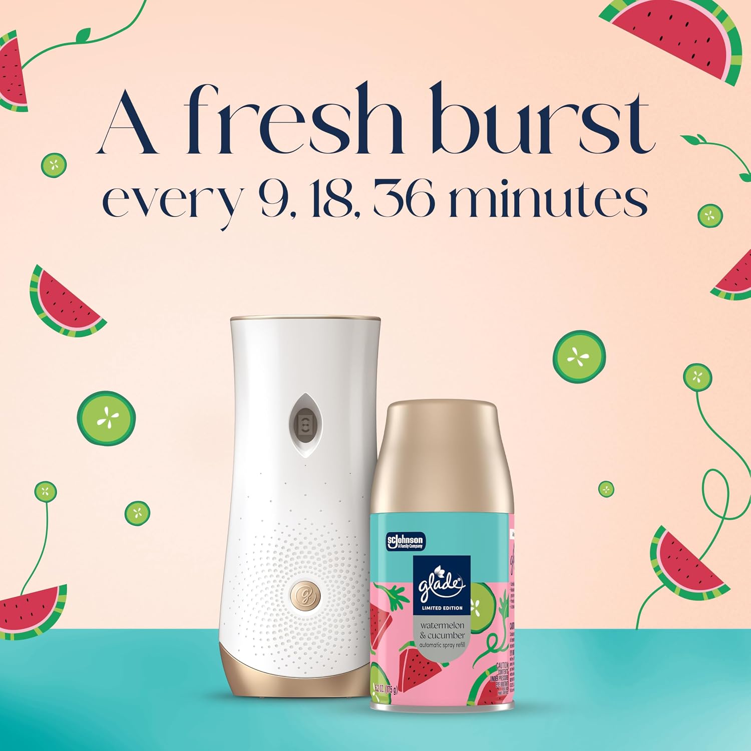 Glade Automatic Spray Refill, Watermelon & Cucumber, Scented Air Freshener for Home and Bathroom, 6.2 Oz