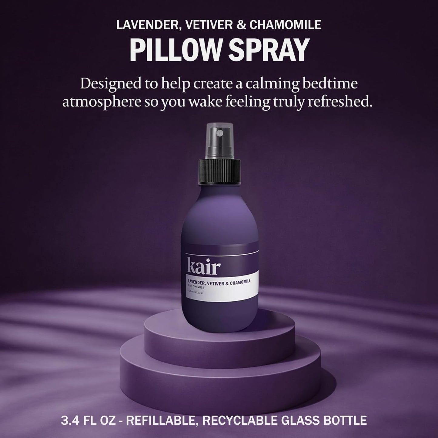 Kair Pillow Spray Mist - Lavender, Vetiver & Chamomile | Natural Aromatherapy Pillow Mist, 3.4 Fl Oz Refillable Glass Bottle, 100% Pure Essential Oils, Vegan Cruelty-Free, Calming Relaxing Scent