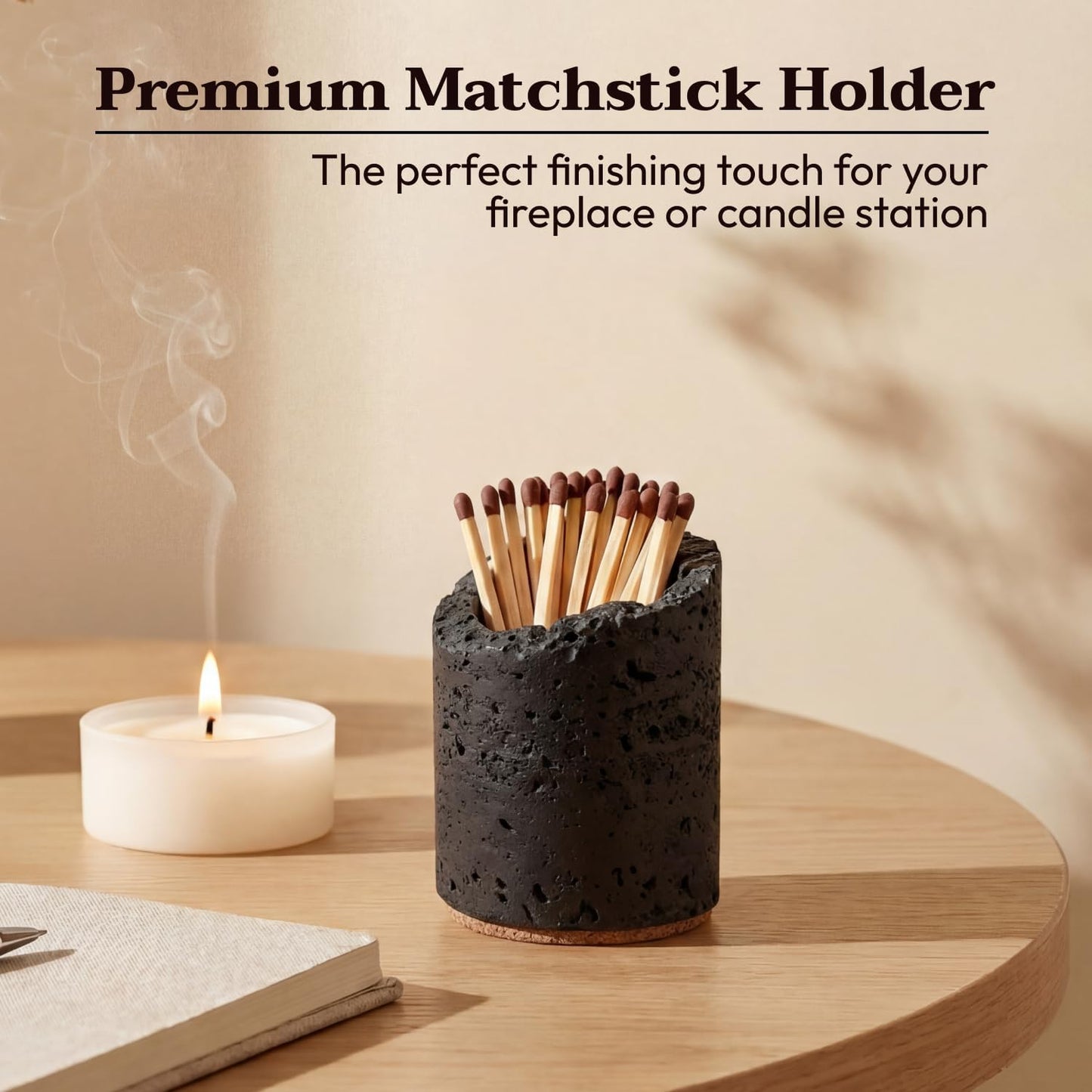 Ceramic Match Holder with Striker - Set of 2 - Handmade Match Box - Matches in a Jar for Bathroom Candle -Black 10 Extra Striker Pads - Modern Bathroom & Home Decor Gift - Matte Black & Speckled White