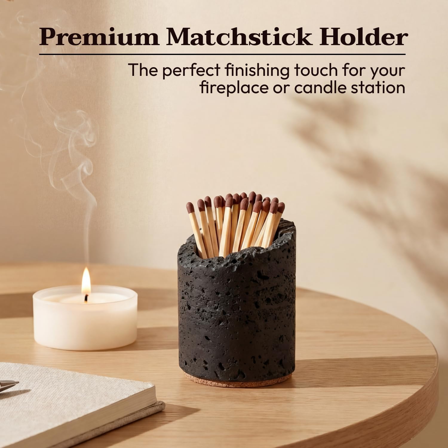 Ceramic Match Holder with Striker - Set of 2 - Handmade Match Box - Matches in a Jar for Bathroom Candle -Black 10 Extra Striker Pads - Modern Bathroom & Home Decor Gift - Matte Black & Speckled White