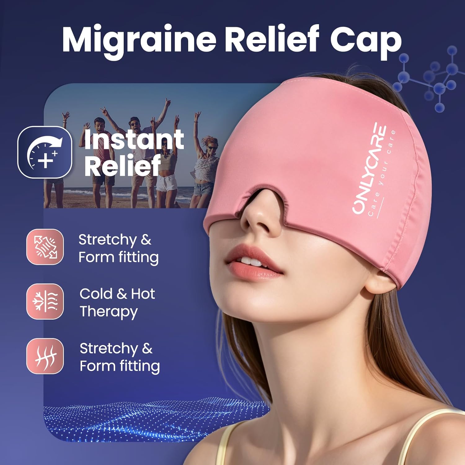 ONLYCARE Migraine Relief Cap, Soothing Headache Ice Face Pack Mask, Headache Relief Hat for Migraine Relief, Cold Compress Head Wrap for Sinus, Tension, Stress & Hangover, Self Care Gifts for Women