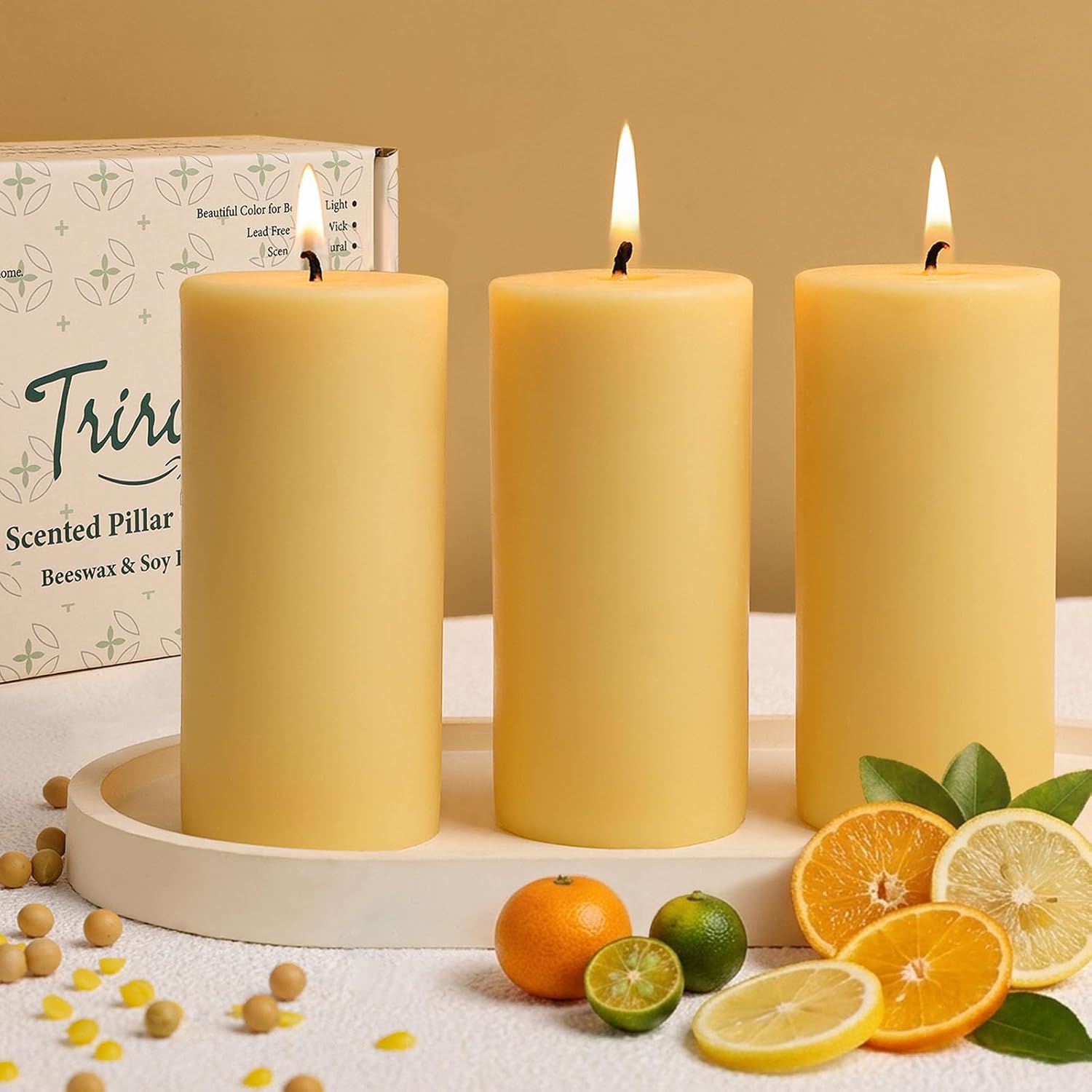 Orange Lemon Scented Beeswax Pillar Candles, Non-Toxic Natural Beeswax & Soy Scented Candles for Home, 35 Hour Clean Burn Smokeless Pillar Candle, 2x4 Inch