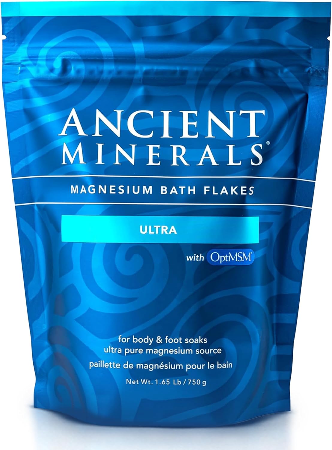 Ancient Minerals Magnesium Bath Flakes Ultra with OptiMSM – Pure Zechstein Magnesium Chloride and Organic Sulfur Bath Salts, Soothing Mineral Soak for Skin & Body, 1.65 lb