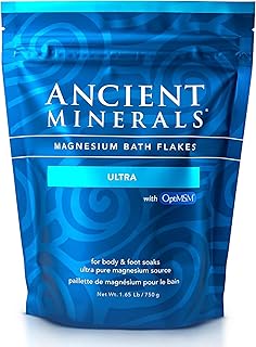 Ancient Minerals Magnesium Bath Flakes Ultra with OptiMSM – Pure Zechstein Magnesium Chloride and Organic Sulfur Bath Salts, Soothing Mineral Soak for Skin & Body, 1.65 lb