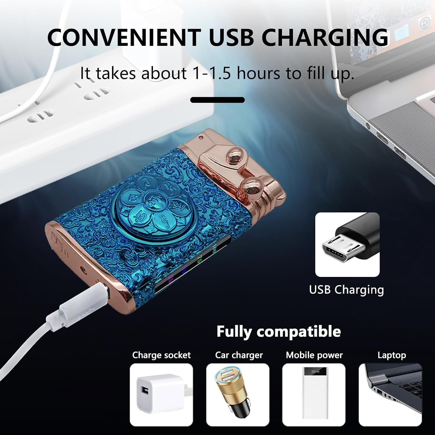 Electric Lighter Rechargeable Plasma Lighters Cool Lighter Windproof Lighters with Embossed Patterns Rocker Ignition Battery Display for Candle Outdoor Camping BBQ (Blue)