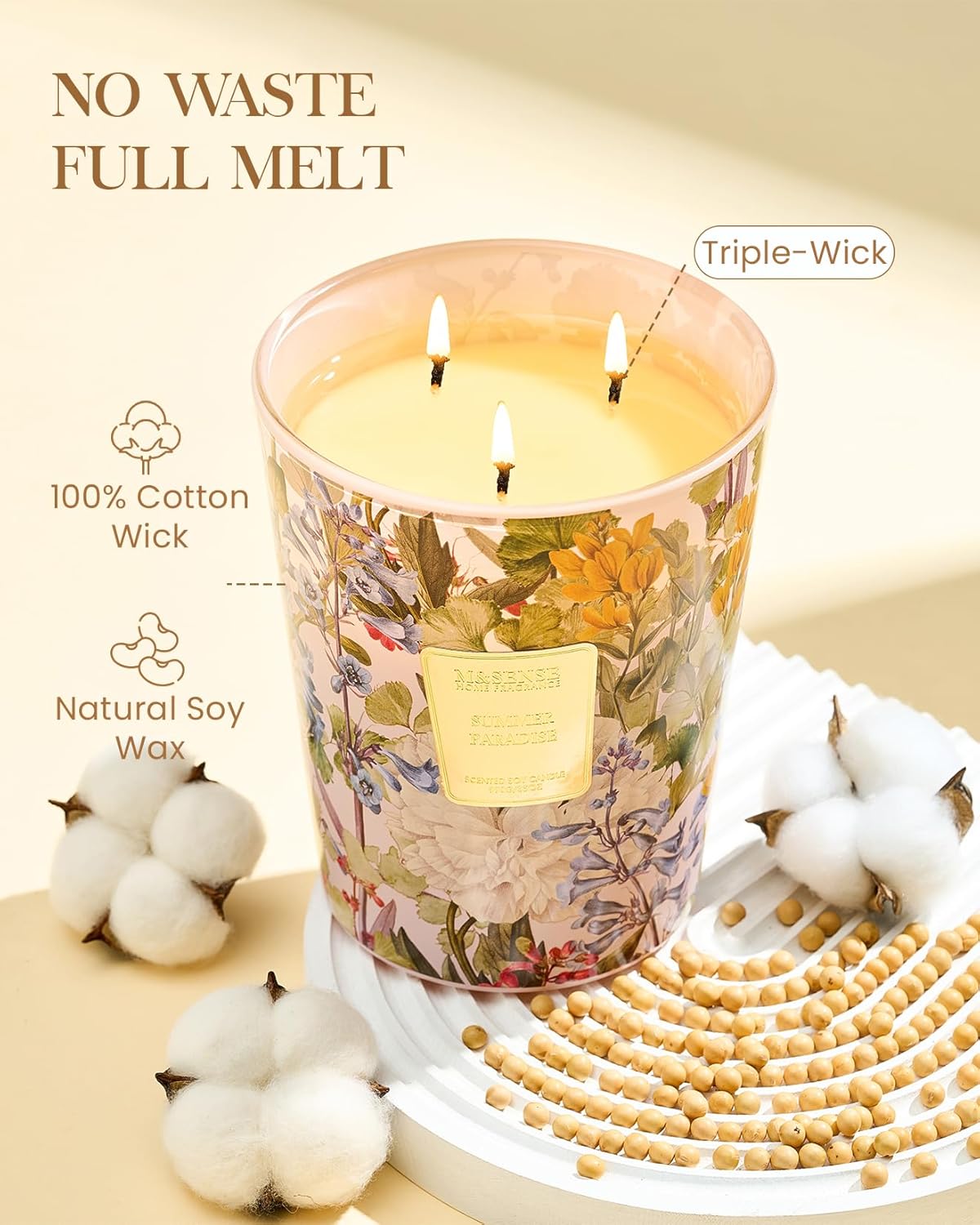 M&SENSE Summer Paradise Soy Candle, Large 35oz 3 Wick Non Toxic 150H, Summer Citrus Vacation Scent, Natural Aromatherapy Calm Stress Relief Gifts
