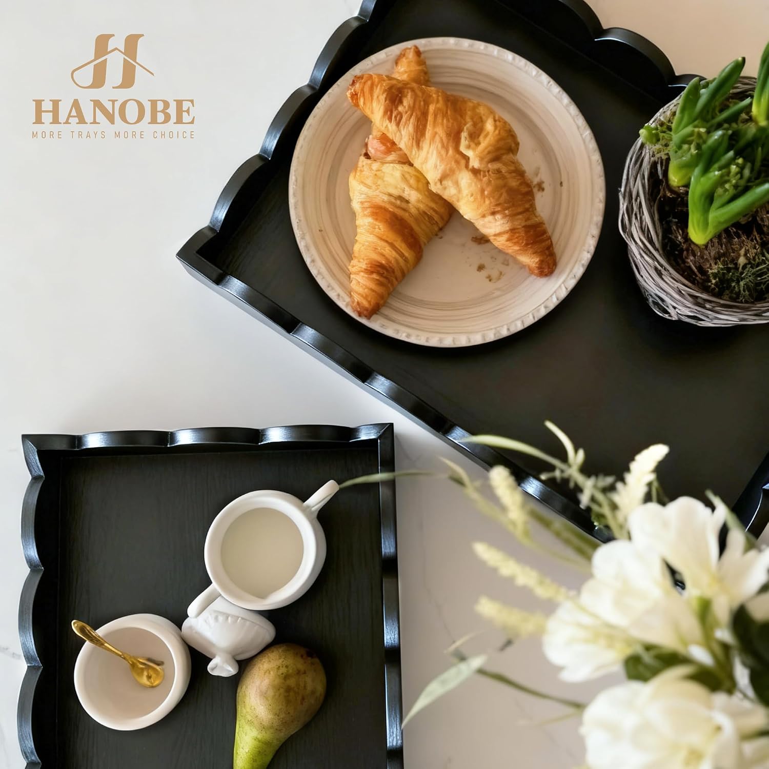 Hanobe Decorative Tray for Coffee Table: Serving Tray Decor with Scalloped Edge - Black Entryway Decor for Living Room Kitchen Counter