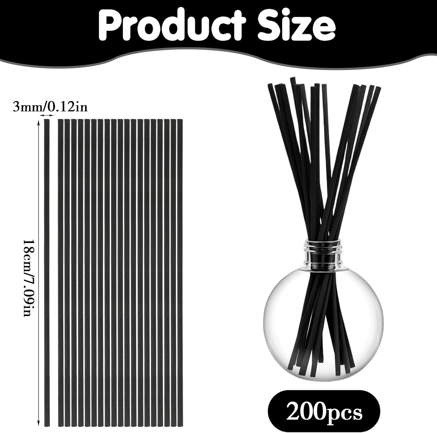 200 PCS Black Reed Diffuser Sticks 7 Inch Black Fibre Reeds for Diffusers Replacement Reed Sticks for Oil Diffuser Stick Refill for Aroma Fragrance Home Office Spa and Bathroom