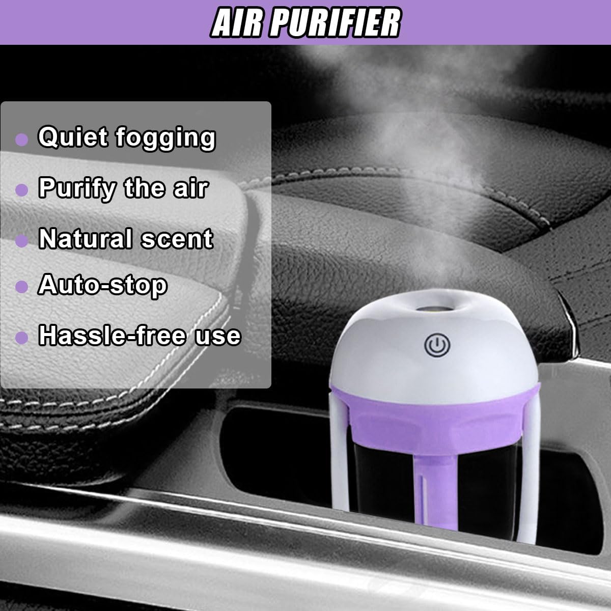 Car Humidifier, Portable Mini Aromatherapy Essential Oil Diffuser, 180-Degree Rotation Cool Mist Humidifier, Vehicle Air Freshener Diffuser with 12V Charging Port for Home Office (Purple)