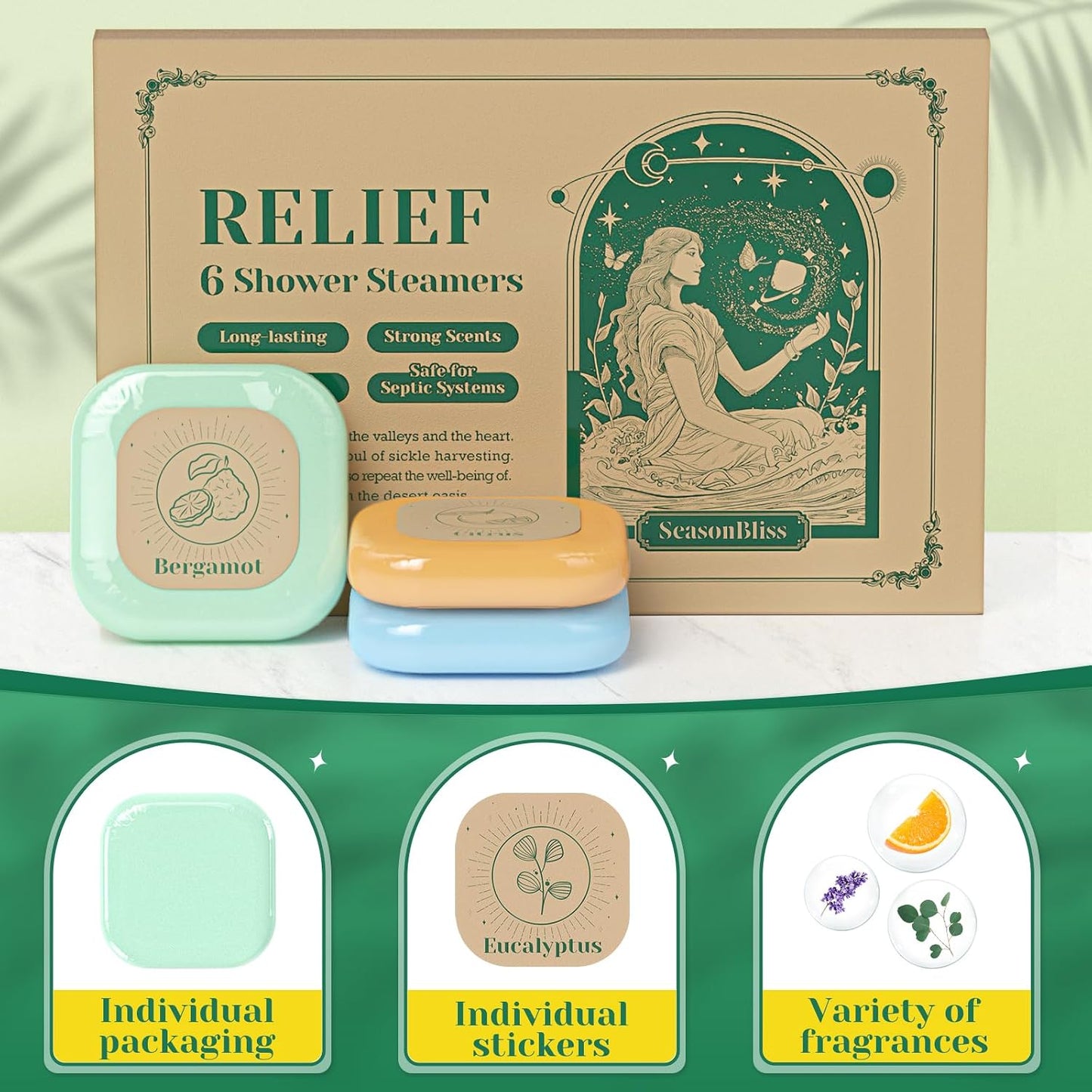 SeasonBliss Shower Steamers, 6 Pack Set Shower Bombs Tablets with Presents Box for Women with 6 Fragrances with Shea Butter for Self-Care & Relaxation, Mother's Day, Christmas