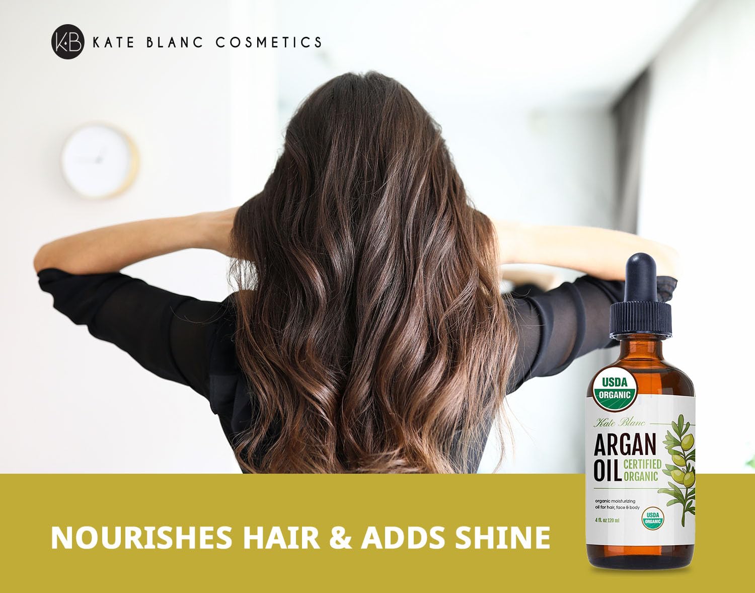 Kate Blanc Cosmetics Argan Oil for Hair, Face & Skin from Morocco (4oz, USDA Certified Organic, Cold Pressed & 100% Pure, Light)