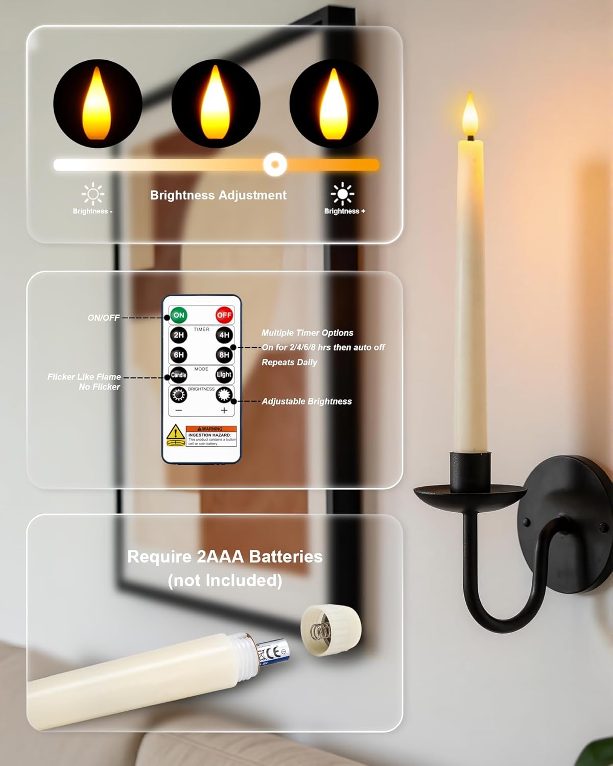 Homemory 24 Pcs Waxy Flameless Taper Candles with Remote, Led Flameless Candlesticks Classic Tall Candle, Flickering Battery Operated Taper Candles for Bedroom, Dining Room, Ivory, 9.6 inches