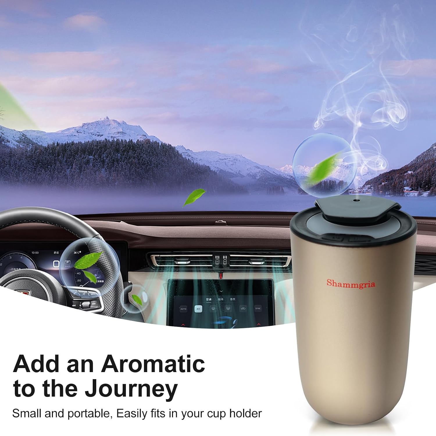 Car Air Diffuser Essential Oil Aromatherapy Scent Diffuser with 3 Mist Levels & LED Lights for Car, Room, Studio, Office- Champagne