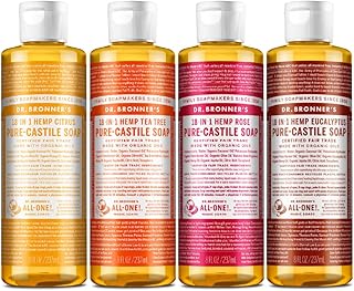 Dr. Bronner's - Pure-Castile Liquid Soap Variety Pack - Citrus, Tea Tree, Rose, & Eucalyptus, Made with Organic Oils, 18-in-1 Uses: Face, Body, Hair, Laundry, Pets & Dishes (8oz, 4-Pack)