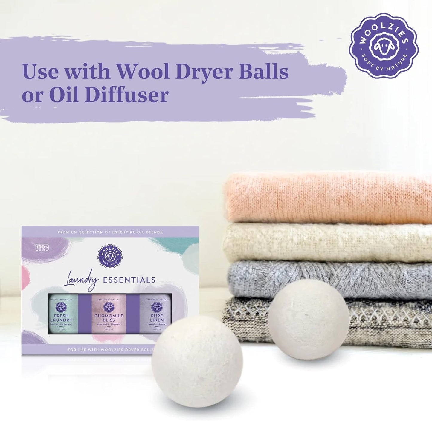Laundry Essentials Essential Oil Set: Use with Wool Dryer Balls or Oil Diffuser Elevate Your Laundry with All-Natural Aromatherapy Scents | Fresh Laundry, Chamomile Bliss, Pure Linen 10 ML