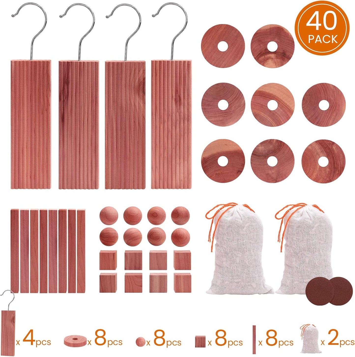 Homode Cedar Blocks for Clothes Storage, Set of 40, Cedar Chips for Closets and Drawers, Aromatic Cedar Wood Balls and Cedar Sachets, Cedar Closet Freshener