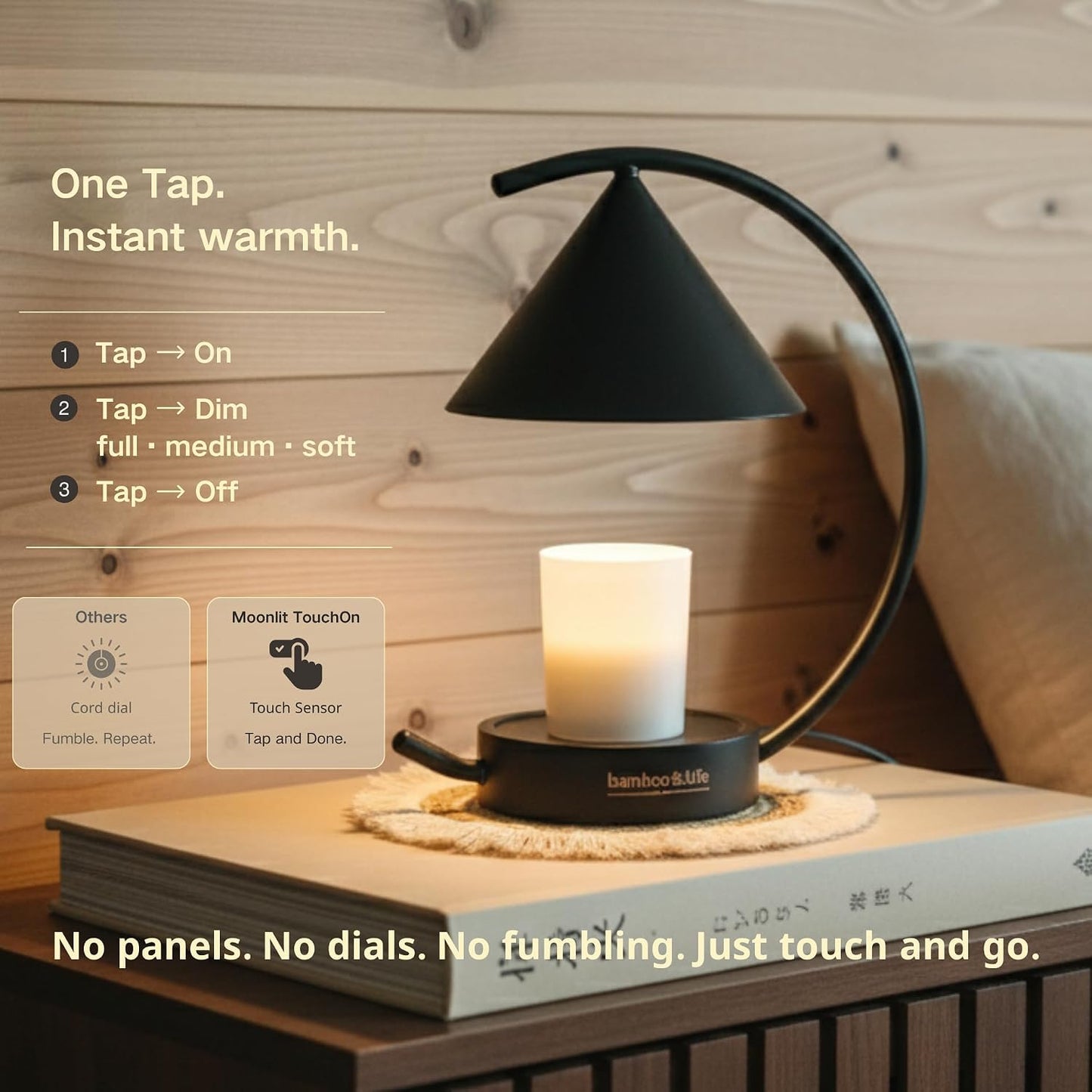 Moonlit TouchOn Candle Warmer,Eco-Luxury 5-Pc Gift Set incl. Fringe Mat&Wax Dish,Authentic Japan Design,Touch Dimmer,Real Bamboo Base,UL&ETL Certified,US Brand,Birthday&Housewarming Gift